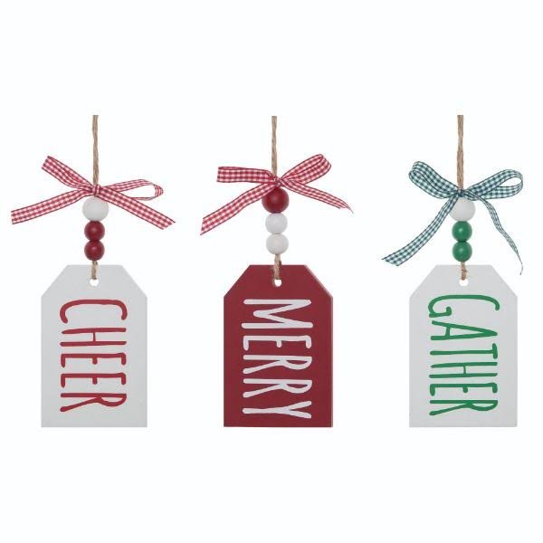 Set of 3 Cheer Merry Gather Wood Tag Ornament Holiday Decor