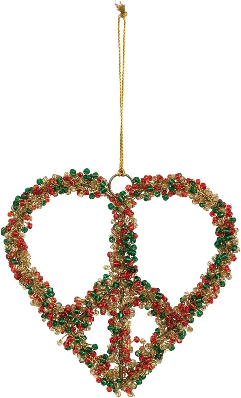 6" Metal Beaded Heart Peace Sign Ornament