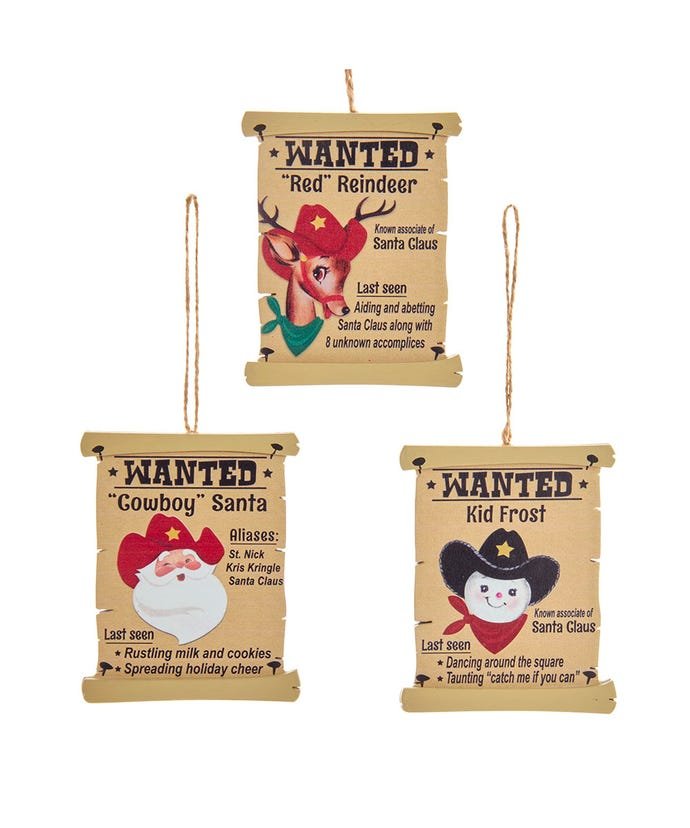 Wooden "Wanted" Poster Ornaments, 3 Assorted