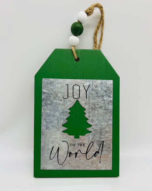 JOY TO THE WORLD GREEN WOOD TREE ORNAMENT HANGING TAG