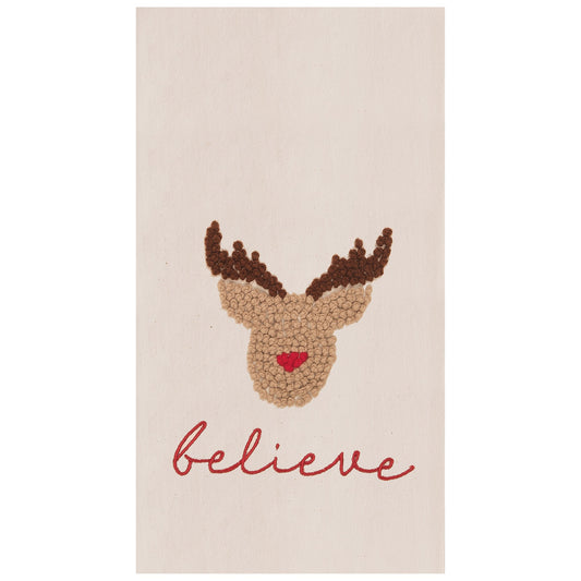 BELIEVE IN REINDEER FRENCH KNOT EMBROIDERED HOLIDAY FLOUR SACK KITCHEN TOWEL