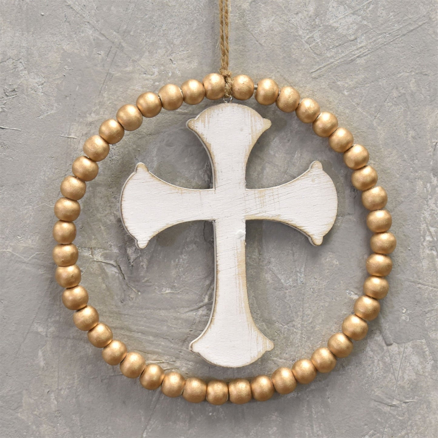 Spiritual Wooden Cross And Bead Ornament 6" in Gold Ivory