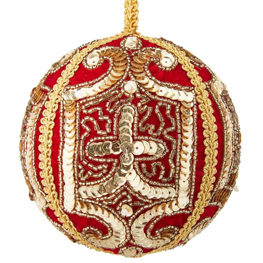 5″ Embroidered Ball Ornament Gold Red