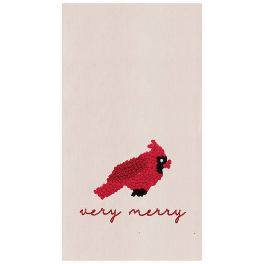 Merry Merry Cardinal French Knot Embroidered Holiday Flour Sack Kitchen Towel