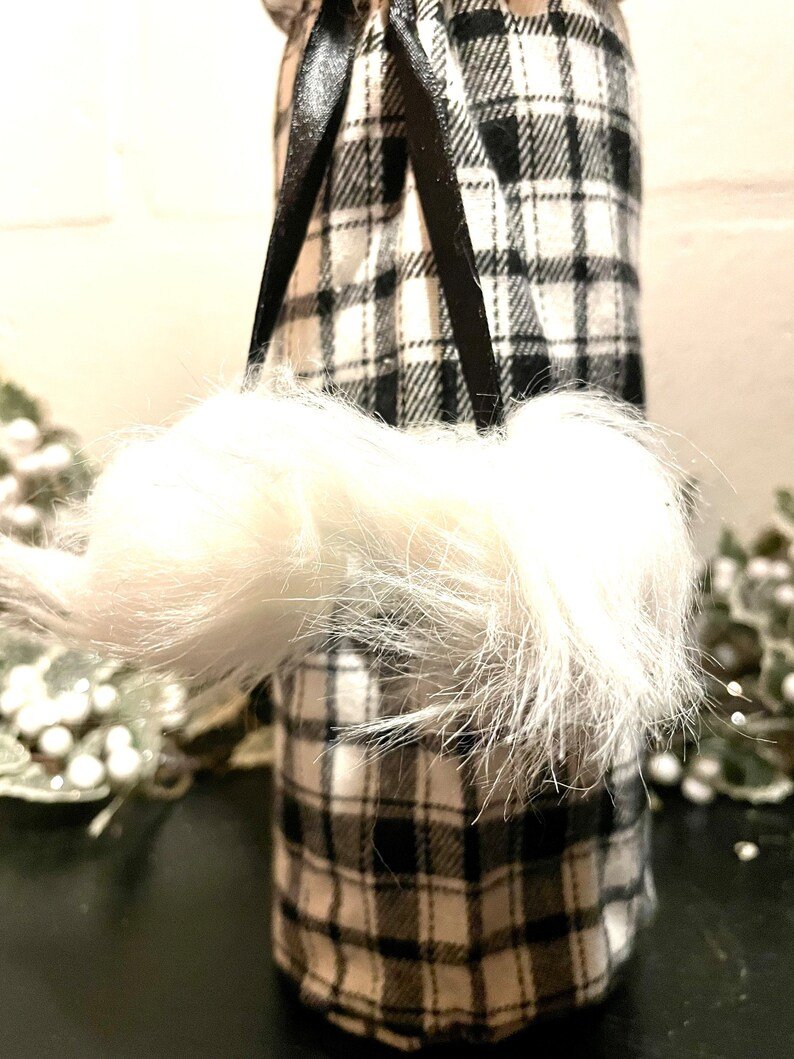 Black and White Wine Bottle Jacket with White Fur trim & Pom Pom Drawstring