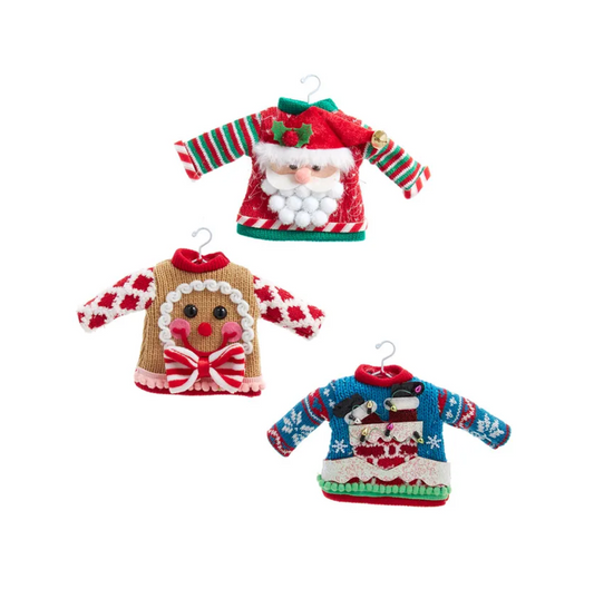 Ugly Knitted Sweater Santa Clause, Gingerbread Man, & Chimney Sweater on Hanger Ornament Set of 3